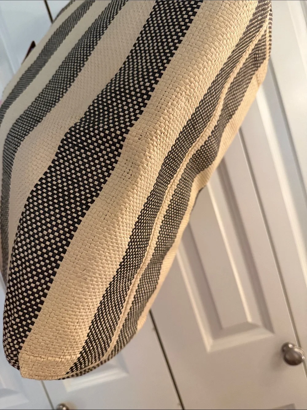 Striped Straw Tote Bag with Brown Handles